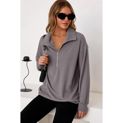 Dokotoo Womens Sweatshirt Waffle Knit Long Sleeve Lapel Half Zip Up Casual Lightweight Soft Sweatshirts Loose Pullover Tops