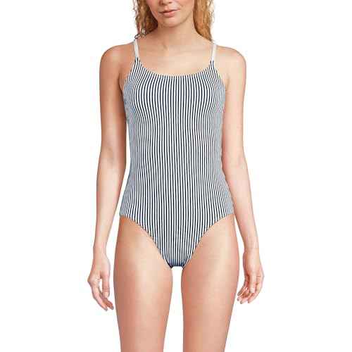 Lands' End Women's Chlorine Resistant Scoop Neck High Leg Tugless Tank Thin Strap One Piece Swimsuit Adjustable