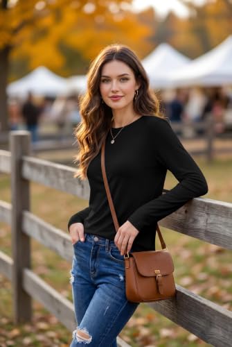 Ekouaer Women's Long Sleeve Crew Neck Shirt - Fall Basic Top, Large Black
