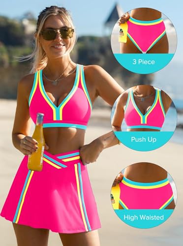 Neon High Waisted Bikini Set with Skirt for Women - Medium Hot Pink