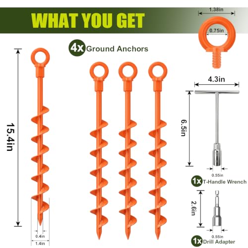 Heavy Duty Spiral Ground Stakes - Orange, 4-Pack with Drill Bit & T-Handle Tool