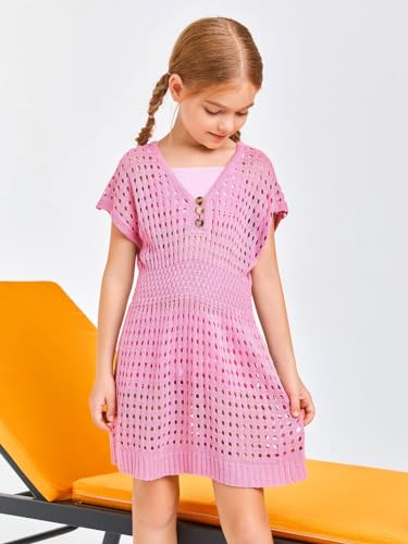 Girls Crochet Swim Cover Up with Buttons - Pink, 9-10 Years