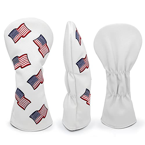 3pcs US Flag Patriotism Golf Club Head Covers Set for Driver, Fairway & Hybrid - Synthetic Leather