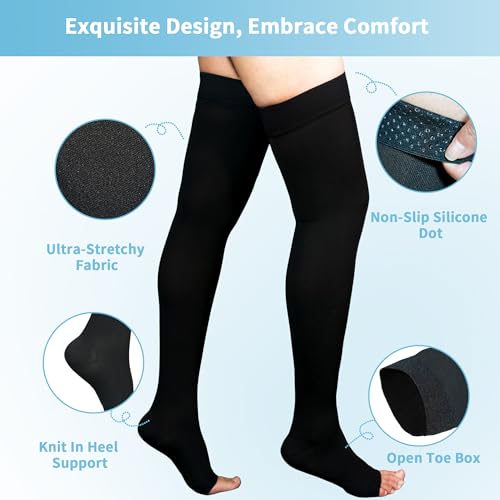 Large Open Toe Thigh High Compression Socks Women 20-30 mmHg Black