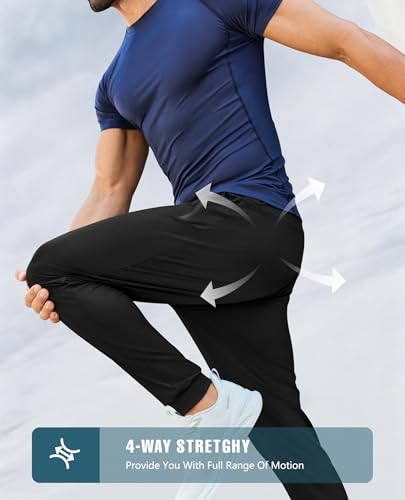 X-Large Mens Athletic Joggers with Zipper Pockets Lightweight Workout Sweatpants - Black