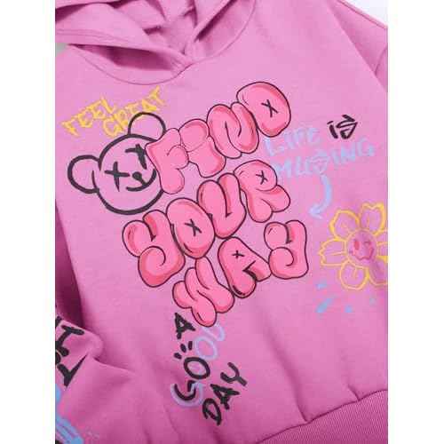 WDIRARA Girl's Cartoon Letter Graphic Hoodie Drop Shoulder Long Sleeve Pullover Sweatshirt