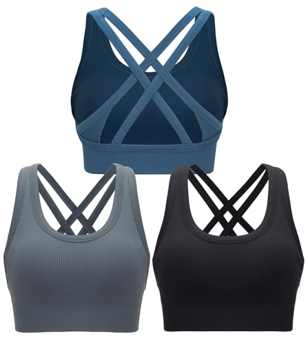 Running Girl High Support Sports Bra for Women Criss Cross Back Padded Strappy Yoga Bra - Black Grey Dark Blue Medium