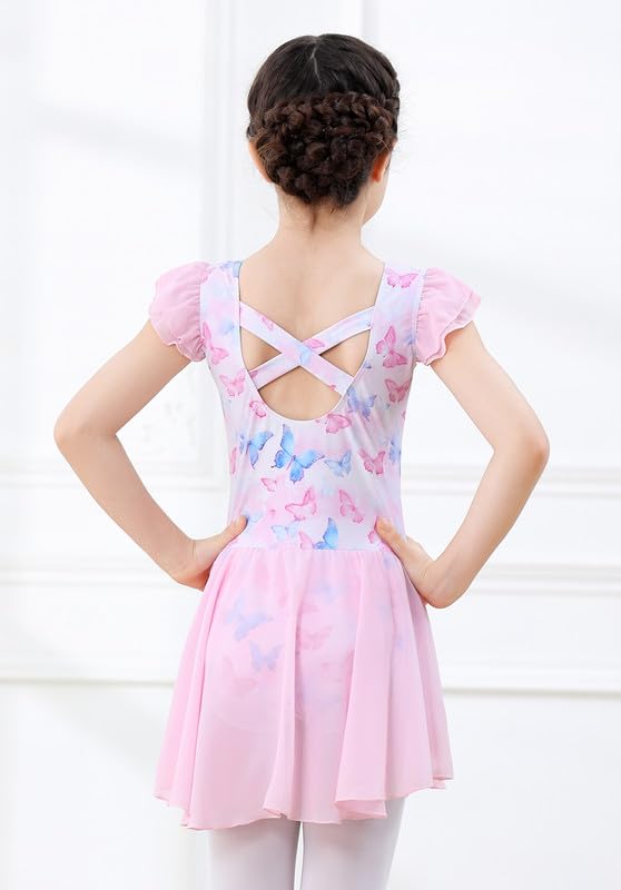 Toddler Ballet Leotard with Skirt - Pink Butterfly, Flutter Sleeve & Criss-Cross Back, 4-6 Years