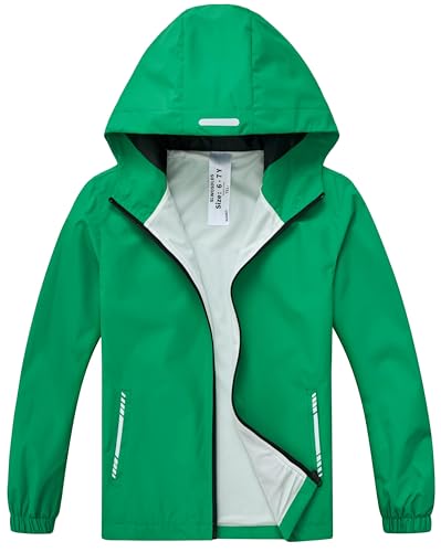 Kids Waterproof Rain Jacket - Green, 11-12 Years, Lightweight Windbreaker Hooded