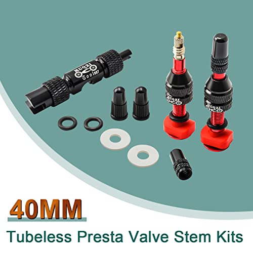 Tubeless Valve Kit with Presta Stems 40mm Red No Leak Alloy Caps & Core Remover