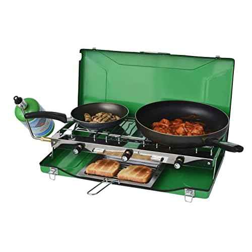 Flame King YSNBBQ-136M 3-Burner Portable Camping Stove Grill w/Toast Tray, Great for Outdoor Cooking, Backpacking, Compatible with 1LB Propane Gas Bottle