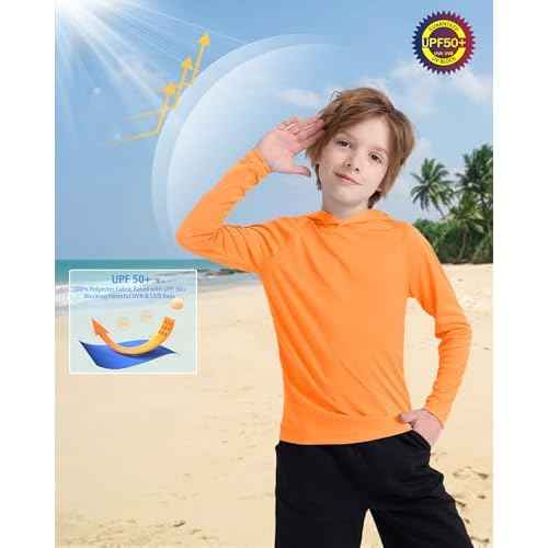 Boys' UPF 50+ Rash Guard Long Sleeve, Youth Kids UV Sun Protection SPF Swim Hoodie, Girls Water Fishing Beach Hooded Shirt
