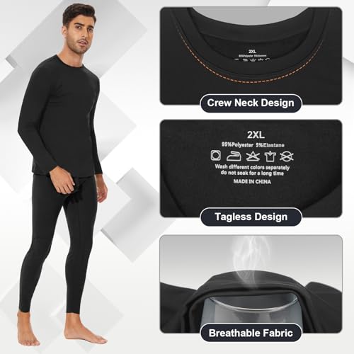 Men's Thermal Long Sleeve Undershirt Base Layer - Black, Medium