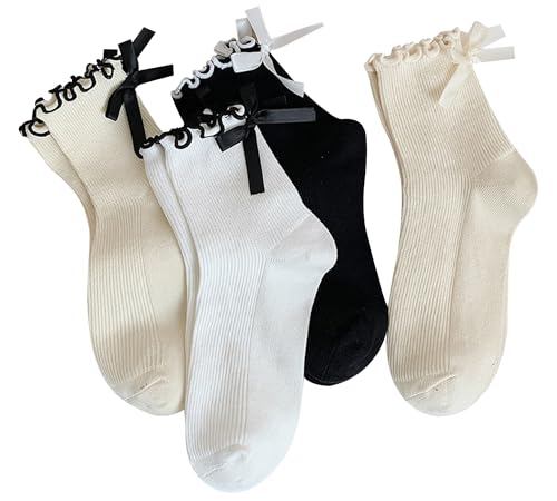 Women's Bow Socks Ruffle Crew Socks - Black & White, 4 Pairs, One Size