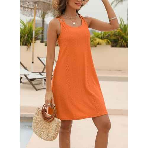 Womens Swimsuit Cover Up Spaghetti Strap Eyelet Embroidery Scoop Neck Sleeveless Casual Summer Dress Bikini Coverup