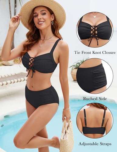 Women High Waisted Bikini Set - Tummy Control Swimsuit Two Piece Tie Front Black Small