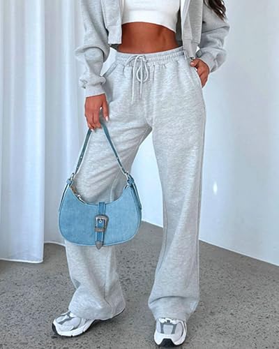 Women’s Fleece-Lined Wide Leg Sweatpants - Grey, Comfortable Lounge Pants