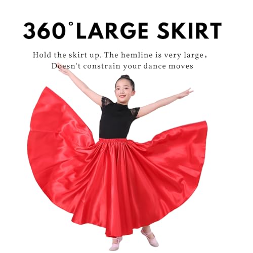 Girls Satin Full Circle Dance Skirt 360 Degree Black Long Swing Skirt for Girls 8-12 Years
