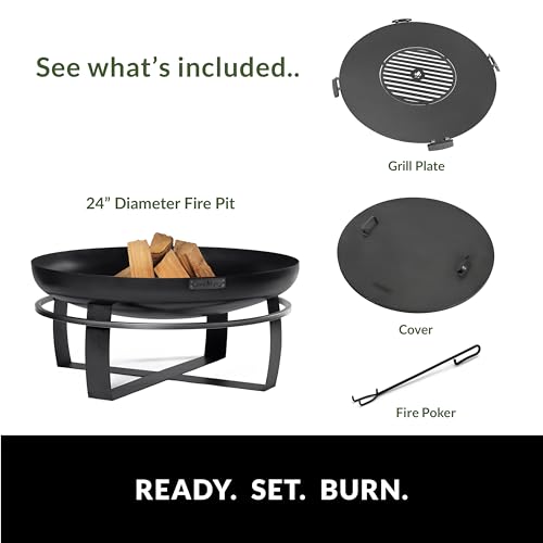 Ignition 24" Handcrafted Cooking Fire Pit with Cooking Grill Plate, Cover Lid and Wood Burning for Backyard Bonfire Campfire for Outside, Medium Outdoor Raw Steel Firepit, by Good Directions