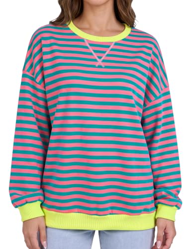 Pink Oversized Striped Sweatshirt for Women - Fall 2026 Crewneck Pullover, X-Large