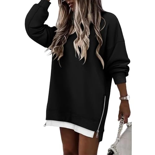 CHICZONE Crew Neck Oversized Sweatshirt Zipper Slit Long Sleeve Pullover for Women 2025 Trendy Fall Clothes