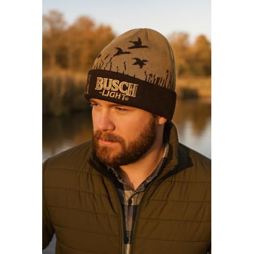 Calhoun Busch Light Hunting Beanie ? Warm Knit Winter Hat with Dog & Duck Design for Outdoor Enthusiasts Brown
