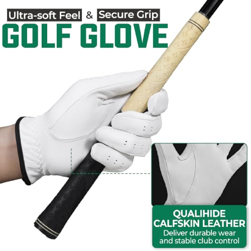 HANDLANDY White Calfskin Leather Golf Glove for Men & Women - Medium, Left Hand