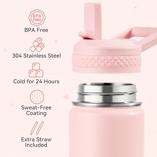 Kids Insulated Water Bottle with Straw - Pink 12 oz Stainless Steel Toddler Cup