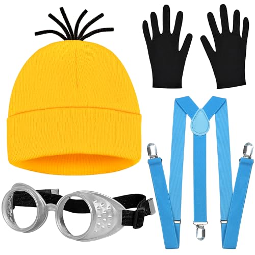 Halloween Costumes for Women Adult, 3PCS Steampunk Goggles Yellow Beanie Hat & Black Gloves and Blue Suspenders for Men Women Funny Halloween Costumes Cosplay Party Set