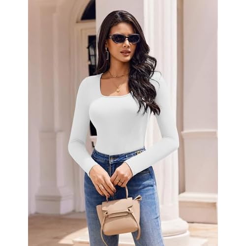 Ekouaer Womens 3 Pack Long Sleeve Shirts Square Neck Basic Tops Fitted Tee Thermal Undershirts XS-XXL
