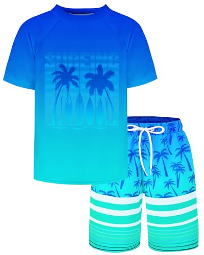 Boys Rash Guard and Swim Trunks Outfit Set - Blue Coconut Tree, 12-14 Years