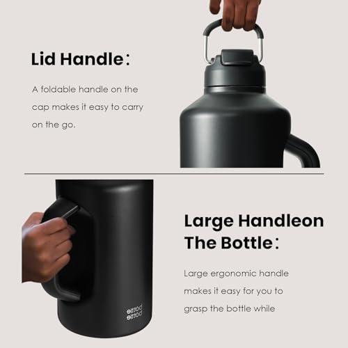 Insulated 64 oz Water Bottle with Dual-Use Lid and Large Handle - Black