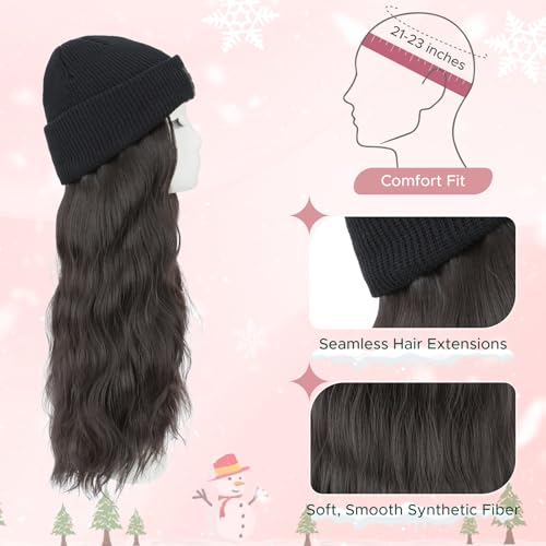 Beanie Wig with Hair - Synthetic Wavy Extensions 18 Inch - Black & Brown Variation