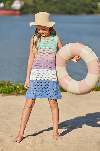 Kids Girls Color Block Crochet Swim Cover Up Dress - Light Green, 7-8 Years