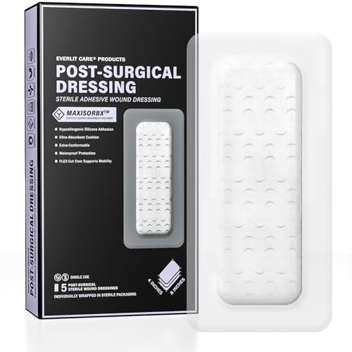 Everlit Post-Surgical Waterproof Adhesive Dressing 4x8 Inches - Hypoallergenic Silicone Bandage Pack of 5