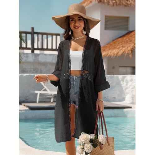 BB&KK Kimonos for Women Long Beach Cover Ups Summer Swimwear Sheer Boho Embroidery Open Front Floral Midi