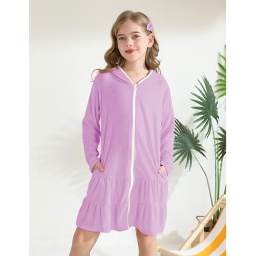 LUCKYGAL Girls Swim Cover Up Kids Long Sleeve Swimsuit Coverup Terry Beach Pool Clothes with Sunglasses