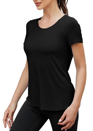 Medium Black Open Back Workout Top - Soft Short Sleeve Athletic Yoga Shirt