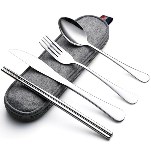 DEVICO Travel Silverware Set with Case - 5 Pcs Portable Stainless Steel Utensils