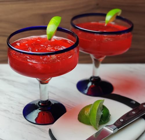 Mexican Hand Blown Margarita Glasses Set of 4 - 16 oz Traditional Blue Rim