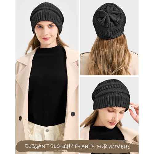 Cable Knit Slouchy Beanie for Women, Wool Winter Warm Womens Beanies, Trendy Oversized Slouch Hat Skull Ski Cap Hats
