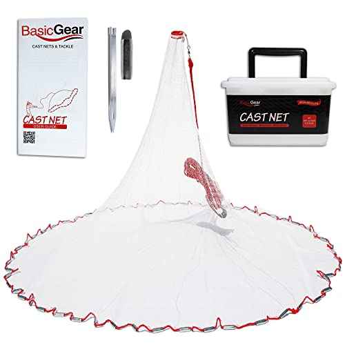 BasicGear Cast Net | 3ft-12ft Radius, 3/8 or 1/4 inch Mesh for Freshwater and Saltwater Bait Fish| Professional Grade and Upgraded Material | Throw Style