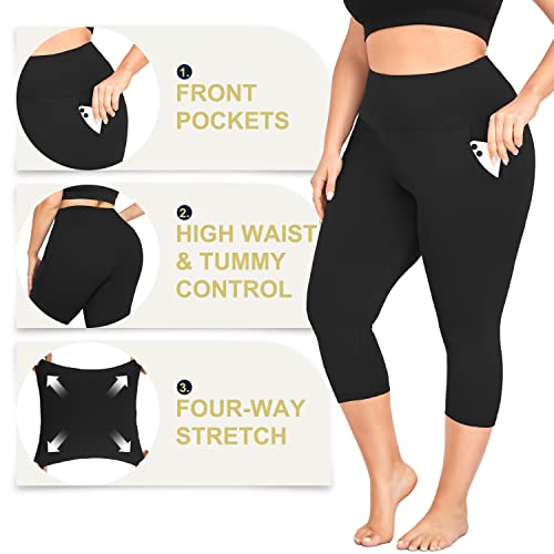 Plus Size Capri Leggings for Women with Pockets XL-4XL Black - XX-Large