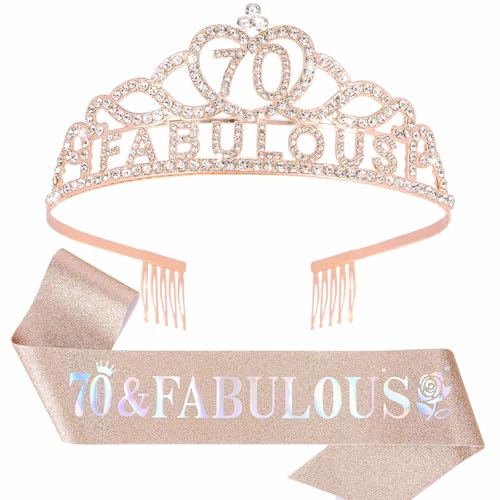 70th Birthday Decorations for Women, Rose Gold 70th Birthday Sash and Crown Tiara for Women 70th Birthday Party Favor Decorations 70 and Fabulous Sash and Crown