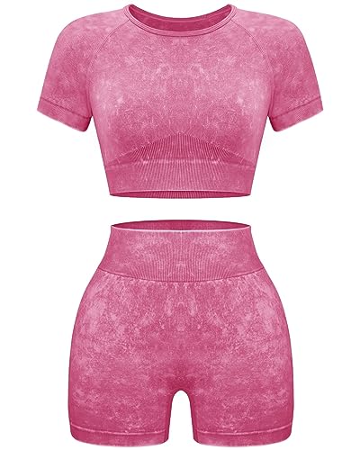 Women Workout Sets 2 Piece Seamless Gym Shorts & Crop Top Pink X-Small