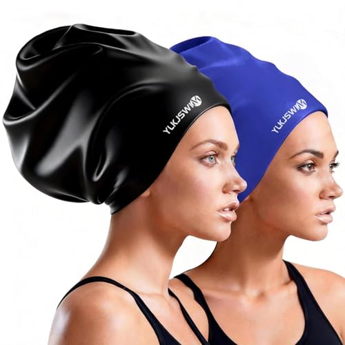Extra Large Waterproof Swim Cap for Braids Dreadlocks & Curly Hair - Black & Blue