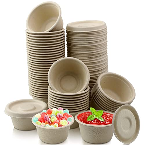 Brown 2oz Bagasse Fiber Condiment Cups with Lids - 100 Sets