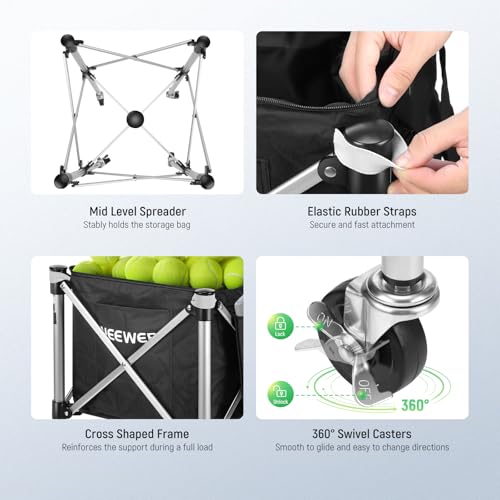 NEEWER Wheeled Ball Hopper Foldable Rolling Caddy Cart with Storage Bag, Three Accessory Side Pockets, Basket Holder for Up to 175 Tennis Balls or 120 Pickleballs, No Assembly Needed, TB02X