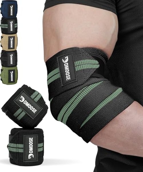 DMoose Fitness Elbow Wraps for Weightlifting (Pair) - 40'' Adjustable Elbow Strap for Gym Workout, Bench Press & Powerlifting - Compression Wraps for Tendonitis & Joint Support (Green Stripes)