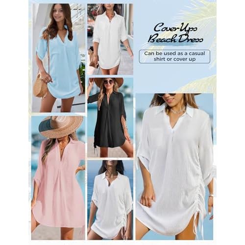 Swimsuit Coverup for Women, Drawstring Beach Bathing Suit Bikini Cover Up for Women, Sexy V Neck Beachwear Dress